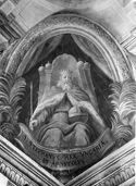 Affresco con santo Stefano re d'Ungheria: collegio artistico Venturoli, ovale nell'angolo del soffitto del refettorio: Bologna