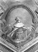 Affresco con il principe sant'Emerico, figlio di santo Stefano re d'Ungheria: collegio artistico Venturoli, ovale nell'angolo del soffitto del refettorio: Bologna