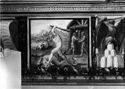 Ercole contro il leone Nemeo e stemma dei Poggi: sala dei concerti e delle fatiche di Ercole dopo il restauro: biblioteca universitaria di Bologna