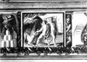 Stemma dei Poggi ed Ercole e Cerbero: sala dei concerti e delle fatiche di Ercole dopo il restauro: biblioteca universitaria di Bologna
